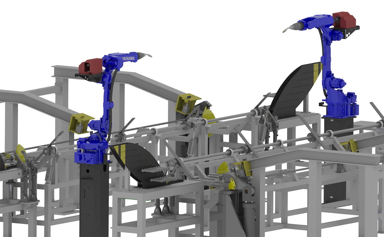 Render 3D de cadena de soldadura robótica